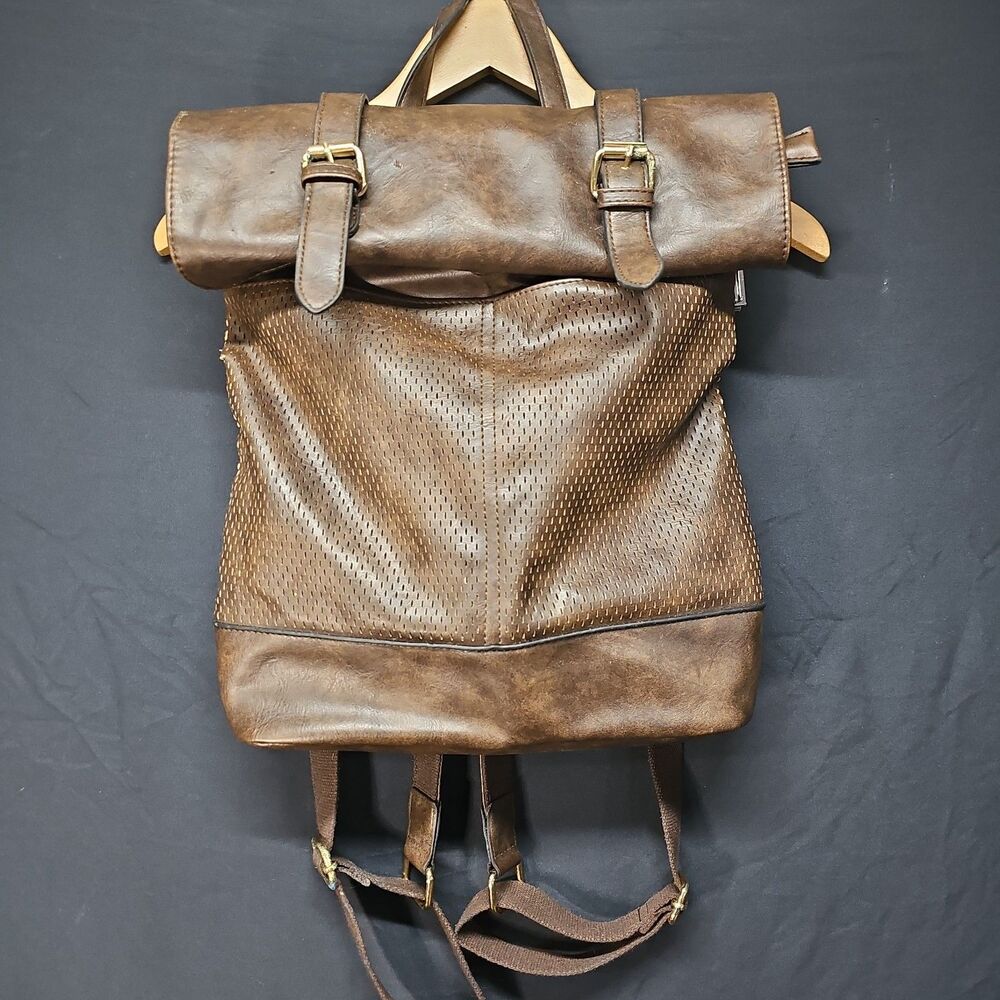 Roll Top Backpack Faux Leather Distressed Worn In Loose